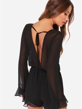 ANGL Black Sheer Back-Tie Long Sleeve Romper Dress Small